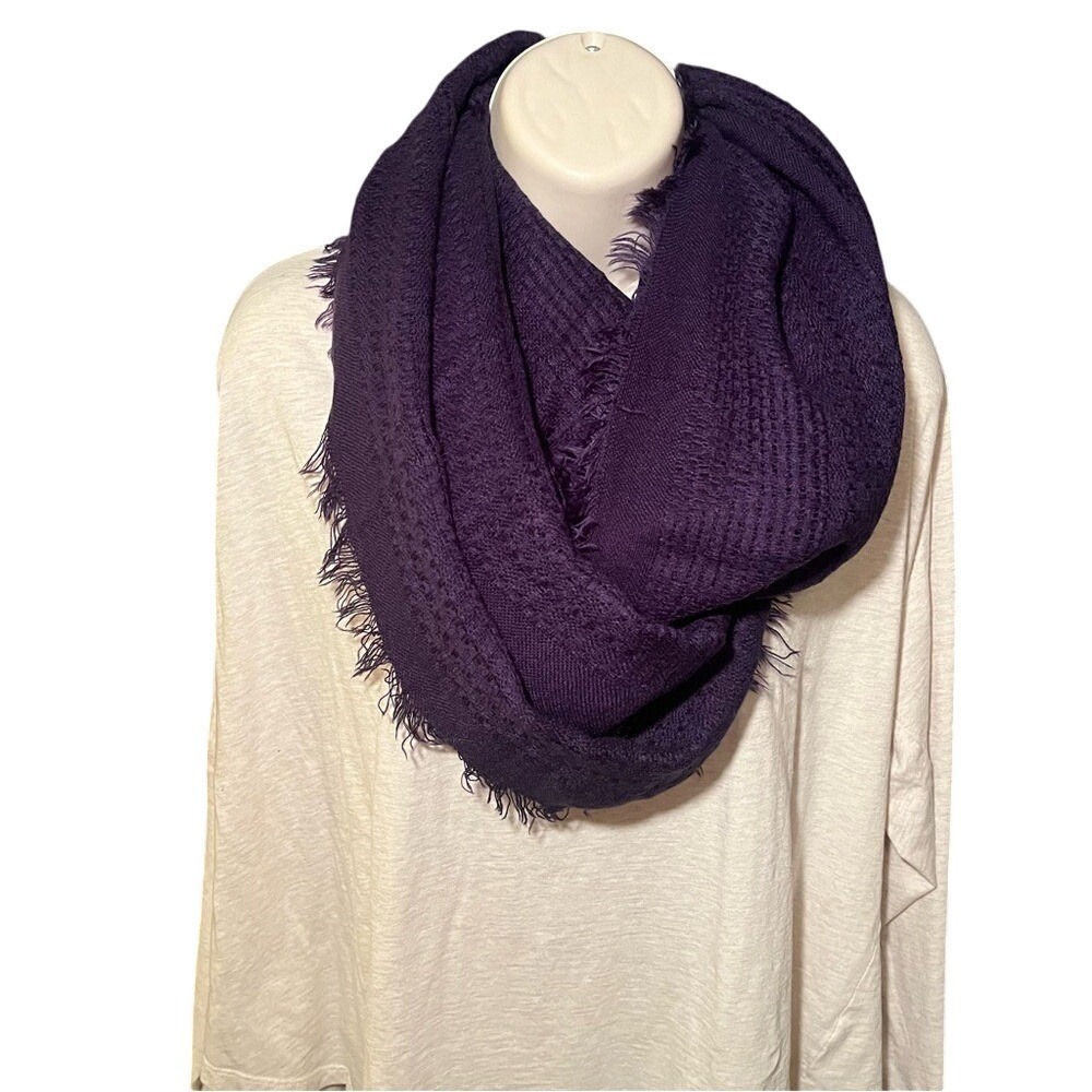 Deep Purple Infinity Scarf Textured Knit Frayed Edge Acrylic Boho Loop Scarf